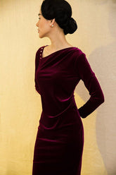 Velvet bodycon dress with asymmetric neckline and pearl shoulder detail for elegant styling